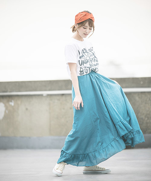 CAMBIO（カンビオ）の「rsk969-アシンメトリーフリルマキシスカート（スカート・レディース・ブラック/ピンク/ターコイズブルー・FREE）」の4枚目の写真