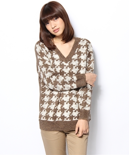 JOURNAL STANDARD（ジャーナルスタンダード）の「チドリチェック Vネックプルオーバー #（ニット/セーター・レディース・ブラックミックス/ブラウン・FREE）」の2枚目の写真