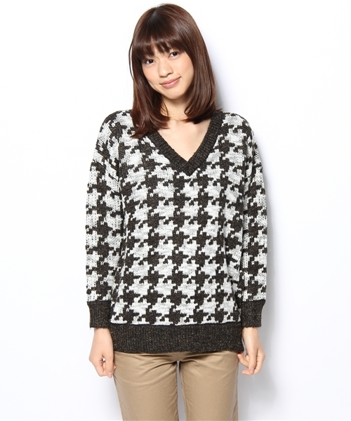 JOURNAL STANDARD（ジャーナルスタンダード）の「チドリチェック Vネックプルオーバー #（ニット/セーター・レディース・ブラックミックス/ブラウン・FREE）」の3枚目の写真