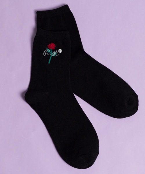 WEGO（ウィゴー）の「WEGO/パール付きローズソックス（ソックス/靴下・レディース・ホワイト/ブラック・FREE）」の2枚目の写真