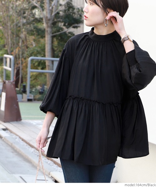 coca（coca）（コカ）の「スタンドカラー切り替えバルーンスリーブブラウス（シャツ/ブラウス・レディース・ピンク系その他/ブラック・ONE SIZE）」の5枚目の写真