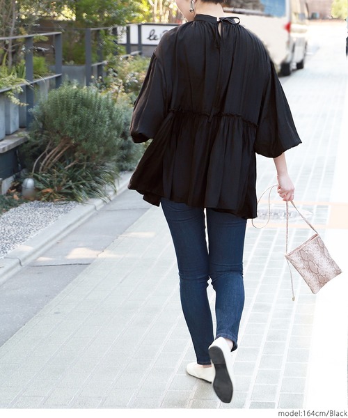 coca（coca）（コカ）の「スタンドカラー切り替えバルーンスリーブブラウス（シャツ/ブラウス・レディース・ピンク系その他/ブラック・ONE SIZE）」の7枚目の写真