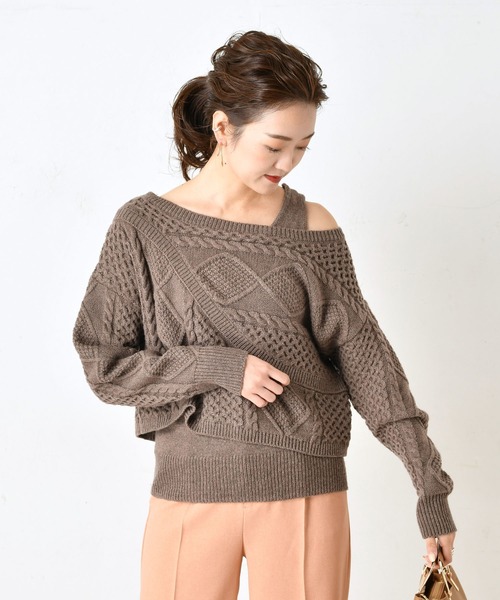 DouDou（ドゥドゥ）の「ケーブル編みセットニット（ニット/セーター・レディース・オフホワイト/ブラウン/グレー・FREE）」の3枚目の写真
