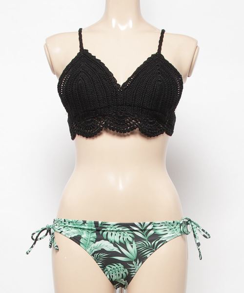 セール】ロングパンツ付きニット素材ビキニ水着3点セット（水着