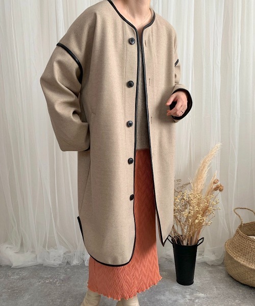 slowmelly(スローメリー)の「【WEARISTA てら】パイピングライトアウター(ノーカラージャケット・レディース・ブラック/ベージュ・FREE)」の2枚目の写真