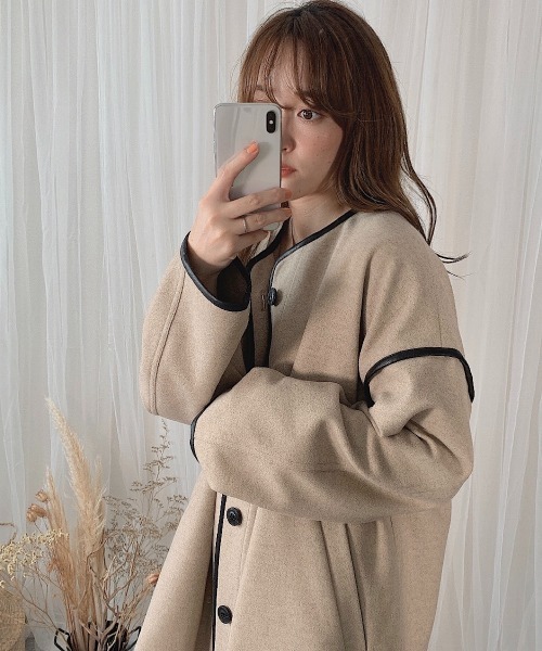 slowmelly(スローメリー)の「【WEARISTA てら】パイピングライトアウター(ノーカラージャケット・レディース・ブラック/ベージュ・FREE)」の8枚目の写真