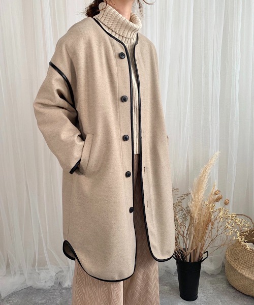 slowmelly(スローメリー)の「【WEARISTA てら】パイピングライトアウター(ノーカラージャケット・レディース・ブラック/ベージュ・FREE)」の4枚目の写真