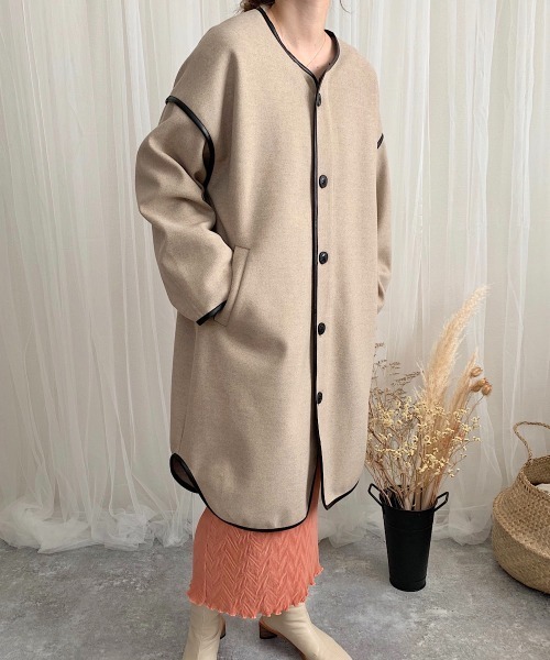 slowmelly(スローメリー)の「【WEARISTA てら】パイピングライトアウター(ノーカラージャケット・レディース・ブラック/ベージュ・FREE)」の5枚目の写真