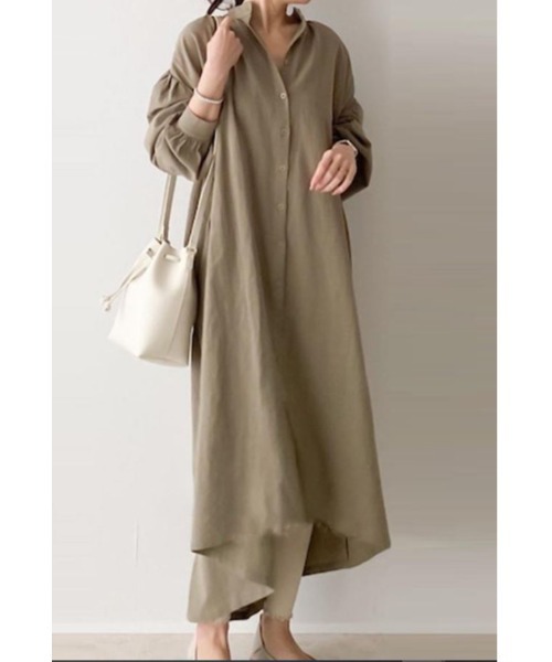 MAISON BREEZE（メゾンブリーズ）の「【MAISON BREEZE】ノーカラーロングシャツワンピース KNF（シャツワンピース・レディース・ベージュ・FREE）」の20枚目の写真