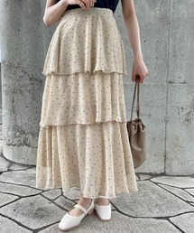 ピンドット柄　3段フリルシフォンスカート