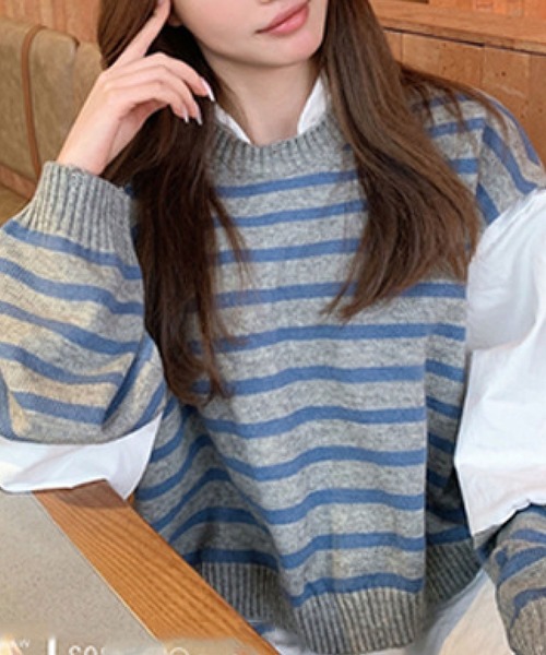 meJane(ミージェーン)の「シャツレイヤードボーダーニットドッキングプルオーバー【ZOZOTOWN限定】(ニット/セーター・レディース・ホワイト/グレー・FREE)」の8枚目の写真