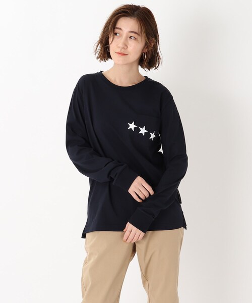BASECONTROL（ベースコントロール）の「◆吸水速乾 ポケットスタープリント 長袖Tシャツ（Tシャツ/カットソー・レディース・ライトブルー/ブラック/ネイビー/アイボリー/ピンク系・01/02/03）」の4枚目の写真