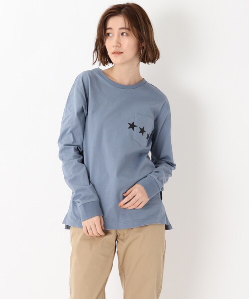 BASECONTROL（ベースコントロール）の「◆吸水速乾 ポケットスタープリント 長袖Tシャツ（Tシャツ/カットソー・レディース・ライトブルー/ブラック/ネイビー/アイボリー/ピンク系・01/02/03）」の3枚目の写真