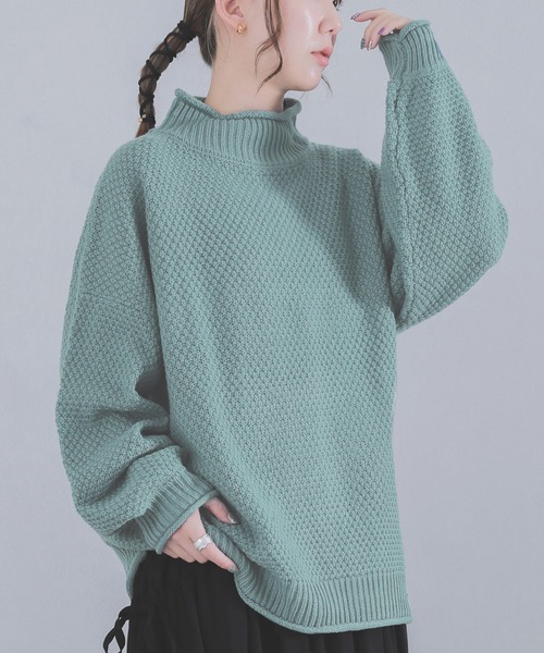 osharewalker（オシャレウォーカー）の「『鹿の子編みハイネックニット』（ニット/セーター・レディース・ブラック/アイボリー/ミント/ラベンダー/イエロー・FREE）」の3枚目の写真