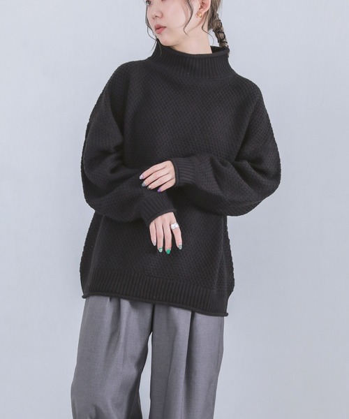 osharewalker（オシャレウォーカー）の「『鹿の子編みハイネックニット』（ニット/セーター・レディース・ブラック/アイボリー/ミント/ラベンダー/イエロー・FREE）」の2枚目の写真