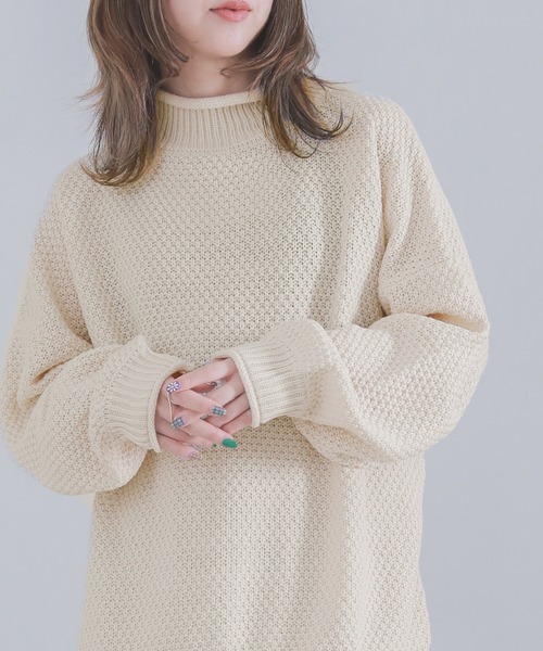 osharewalker（オシャレウォーカー）の「『鹿の子編みハイネックニット』（ニット/セーター・レディース・ブラック/アイボリー/ミント/ラベンダー/イエロー・FREE）」の14枚目の写真