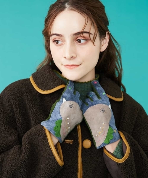 Jocomomola（ホコモモラ）の「【スマホ対応】鳥コラージュグローブ（手袋・レディース・ネイビー/マスタード・40）」の2枚目の写真