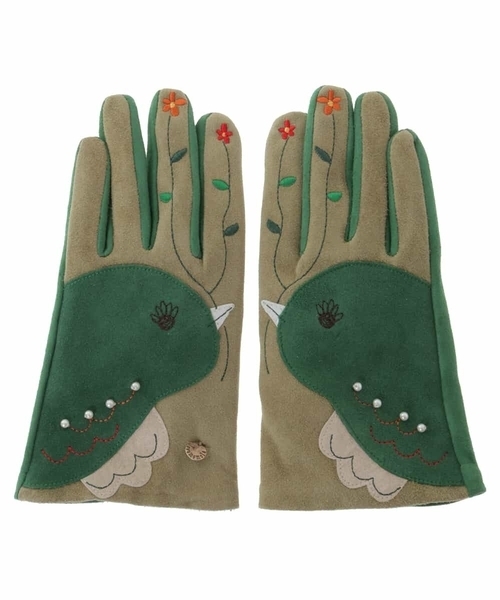 Jocomomola（ホコモモラ）の「【スマホ対応】鳥コラージュグローブ（手袋・レディース・ネイビー/マスタード・40）」の3枚目の写真