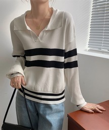配色ラインキーネックニットポロシャツ