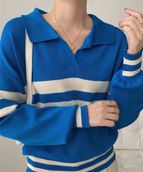 Jewelobe(ジュエローブ)の「配色ラインキーネックニットポロシャツ(ニット/セーター・レディース・ホワイト/ブルー/アイボリー・FREE)」の6枚目の写真
