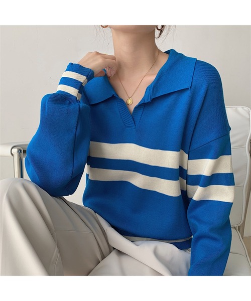Jewelobe(ジュエローブ)の「配色ラインキーネックニットポロシャツ(ニット/セーター・レディース・ホワイト/ブルー/アイボリー・FREE)」の8枚目の写真