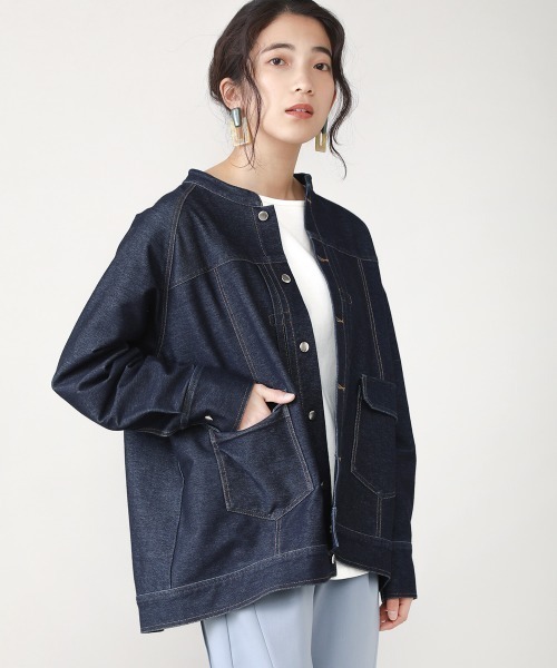 Bou Jeloud（ブージュルード）の「カットデニムAラインジャケット（ノーカラージャケット・レディース・ブラック/ネイビー・38）」の2枚目の写真
