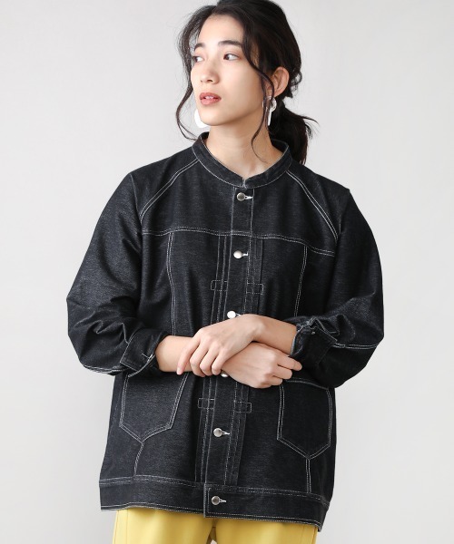 Bou Jeloud（ブージュルード）の「カットデニムAラインジャケット（ノーカラージャケット・レディース・ブラック/ネイビー・38）」の3枚目の写真