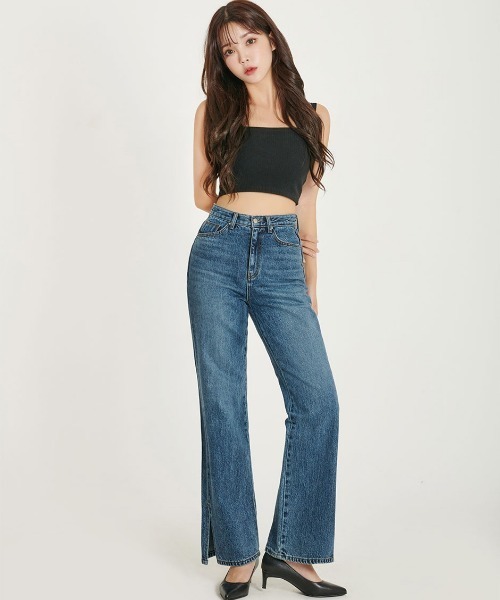 chuu（チュー）の「CHUU [Remi] High Rise Side Slit Wide Jeans（デニムパンツ・レディース・ブルー・SMALL/MEDIUM/LARGE）」の21枚目の写真