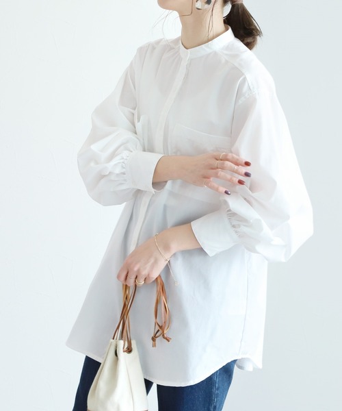 reca(レカ)の「バンドカラーストライプシャツ(シャツ/ブラウス・レディース・ブルー/オフホワイト/グリーン・M)」の2枚目の写真