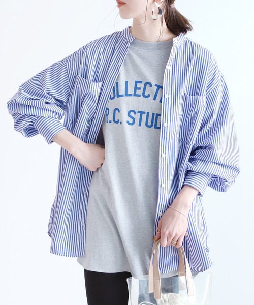 reca(レカ)の「バンドカラーストライプシャツ(シャツ/ブラウス・レディース・ブルー/オフホワイト/グリーン・M)」の3枚目の写真