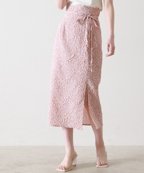 【タグ付き未使用品❗】茶色地にピンクの花が上品な巻きスカート38M LADY LIKE（レディライク） スカート ミニチェック柄3段ティアード