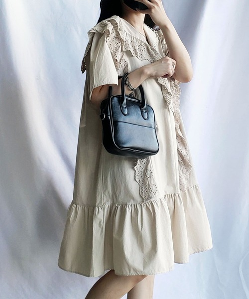 me+em select（ミームセレクト）の「レースフリル切替ボリュームコットンワンピース 【 半袖バージョンが登場！ 】（シャツワンピース・レディース・ベージュ/ホワイト/ブルー・ONESIZE）」の2枚目の写真