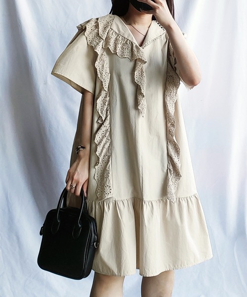 me+em select（ミームセレクト）の「レースフリル切替ボリュームコットンワンピース 【 半袖バージョンが登場！ 】（シャツワンピース・レディース・ベージュ/ホワイト/ブルー・ONESIZE）」の10枚目の写真