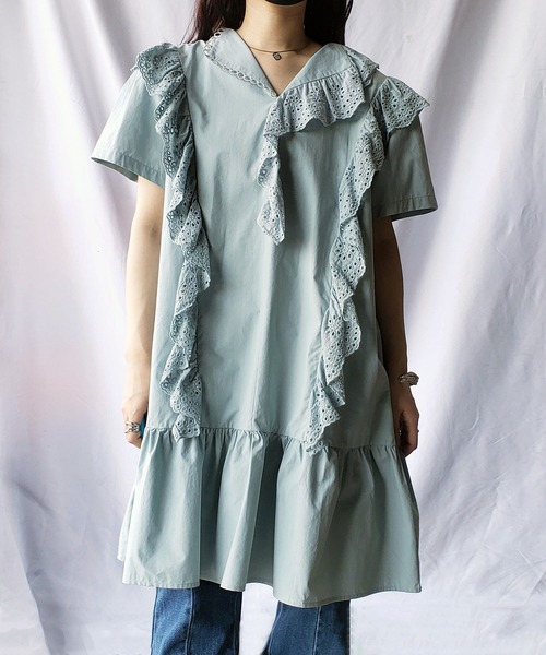 me+em select（ミームセレクト）の「レースフリル切替ボリュームコットンワンピース 【 半袖バージョンが登場！ 】（シャツワンピース・レディース・ベージュ/ホワイト/ブルー・ONESIZE）」の14枚目の写真