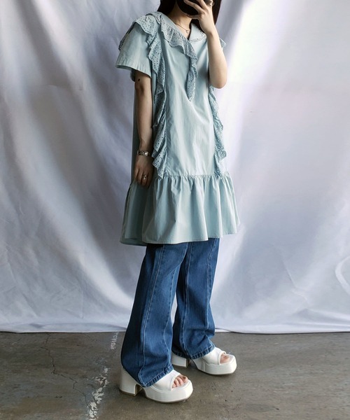 me+em select（ミームセレクト）の「レースフリル切替ボリュームコットンワンピース 【 半袖バージョンが登場！ 】（シャツワンピース・レディース・ベージュ/ホワイト/ブルー・ONESIZE）」の16枚目の写真