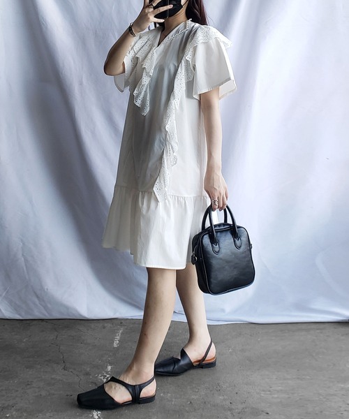 me+em select（ミームセレクト）の「レースフリル切替ボリュームコットンワンピース 【 半袖バージョンが登場！ 】（シャツワンピース・レディース・ベージュ/ホワイト/ブルー・ONESIZE）」の9枚目の写真