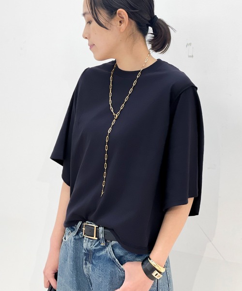 PRE_（プレ）の「【PRE_/プレ】フレアスリーブTシャツ（Tシャツ/カットソー・レディース・ネイビー/ホワイト/ブラック・FREE）」の3枚目の写真