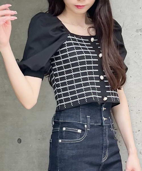 MIIA（ミーア）の「パフスリーブツイードトップス（ニット/セーター・レディース・ブラック/オフホワイト・FREE）」の2枚目の写真