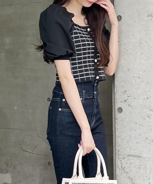 MIIA（ミーア）の「パフスリーブツイードトップス（ニット/セーター・レディース・ブラック/オフホワイト・FREE）」の9枚目の写真