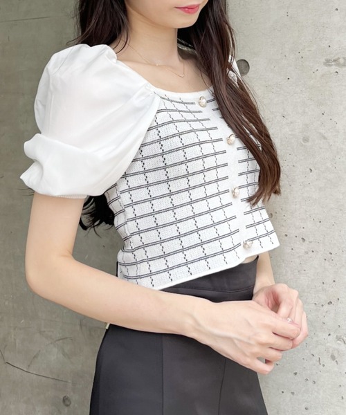 MIIA（ミーア）の「パフスリーブツイードトップス（ニット/セーター・レディース・ブラック/オフホワイト・FREE）」の4枚目の写真