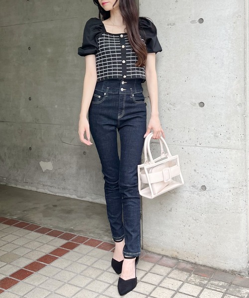 MIIA（ミーア）の「パフスリーブツイードトップス（ニット/セーター・レディース・ブラック/オフホワイト・FREE）」の7枚目の写真