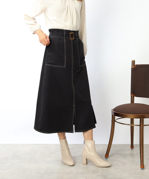 DRESKIP(ドレスキップ)の「◆大人かわいい着こなしに!ベルト付き配色ステッチ スカート(スカート・レディース・ブラック/レンガ/サンドベージュ・02/03)」の1枚目の写真