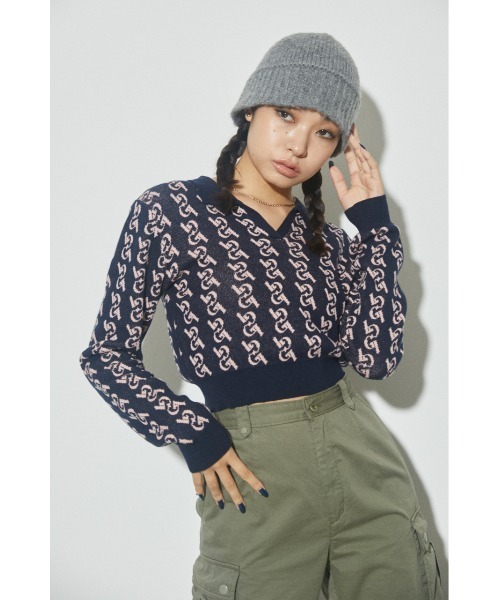 LAGUA GEM（ラグアジェム）の「MONOGLAM POLO KNIT ニット（ニット/セーター・レディース・ブラック/ダークグリーン/ネイビー/ブラウン・FREE）」の4枚目の写真