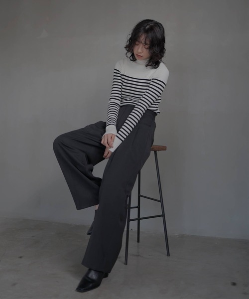 FENNEL ❣️ブラック リブ編み 半袖ニット　新品未使用　ぽっぽ 袖釦リブハイネックニット（ニット/セーター）｜hellam（へラム