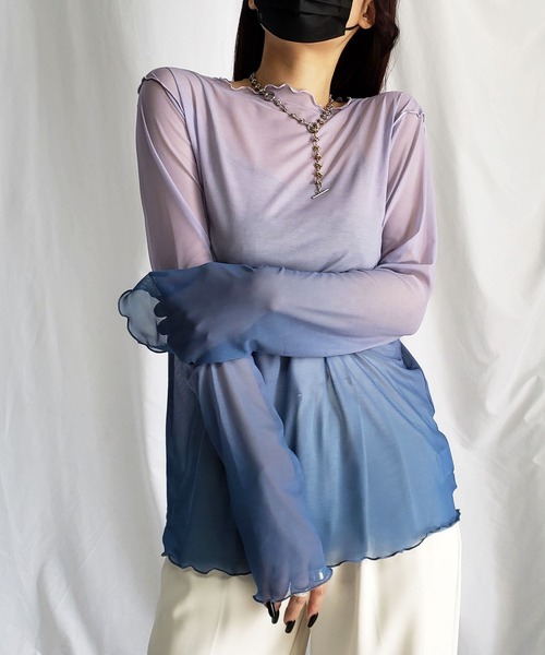 me+em select（ミームセレクト）の「※※グラデーションシアーメロートップス（Tシャツ/カットソー・レディース・グレー系その他/パープル系その他/グレー系その他2・MEDIUM）」の4枚目の写真