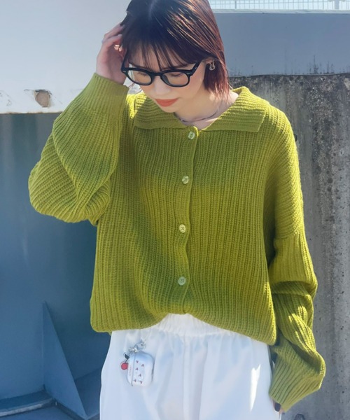 RODEO CROWNS WIDE BOWL（ロデオクラウンズワイドボウル）の「襟付きニットカーディガン（カーディガン/ボレロ・レディース・ネイビー/オフホワイト/ライトグリーン・FREE）」の2枚目の写真