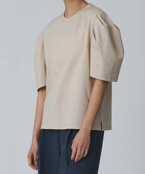 Abor(アボア)の「【Abor】2タックハーフスリーブTシャツ(Tシャツ/カットソー・レディース・ネイビー/アイボリー/ベージュ・FREE)」の1枚目の写真