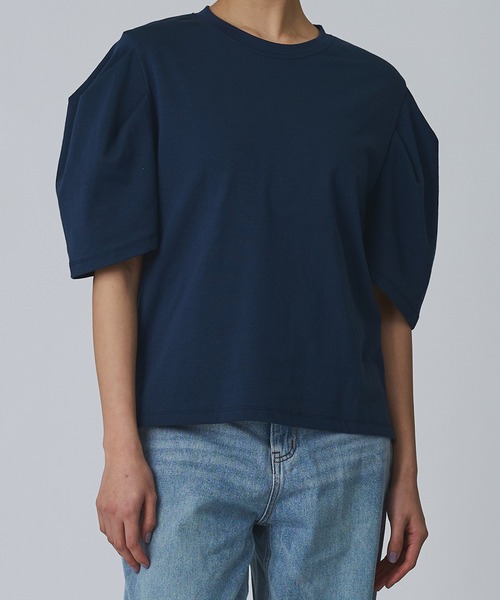 Abor(アボア)の「【Abor】2タックハーフスリーブTシャツ(Tシャツ/カットソー・レディース・ネイビー/アイボリー/ベージュ・FREE)」の2枚目の写真