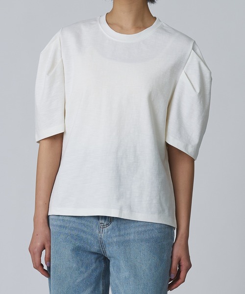 Abor(アボア)の「【Abor】2タックハーフスリーブTシャツ(Tシャツ/カットソー・レディース・ネイビー/アイボリー/ベージュ・FREE)」の3枚目の写真