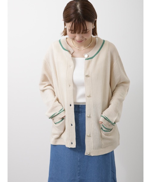 Lugnoncure（ルノンキュール）の「麻タッチライン入りカーディガン（カーディガン/ボレロ・レディース・ベージュ/ネイビー/オフホワイト・ﾌﾘ-）」の2枚目の写真